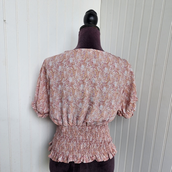 Paper Crane Puff Sleeve Smocked Top V Neck Pink Rose Summer Floral Rayon Sz L - Picture 6 of 11